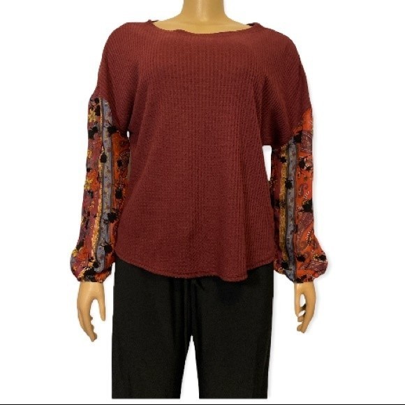 Gypsies & Moondust Top Thermal Waffle Knit Burgundy floral sheer Sleeve size M - Picture 10 of 12